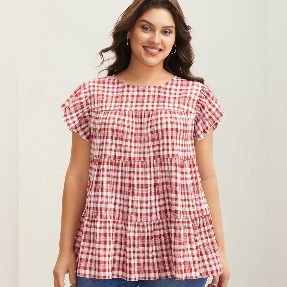 Bloomchic Red Plaid Flutter Sleeve Women's Top